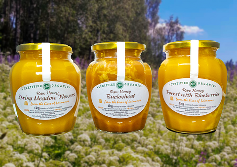 Laimonas' organic honey set - Forest with Blueberry, Buckwheat and Spring Meadow Flower.