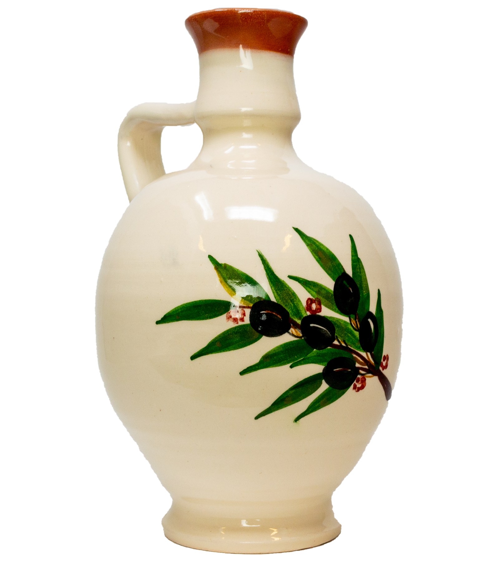 Elias' ceramic olive oil pot that is filled with Spyros' olive oil
