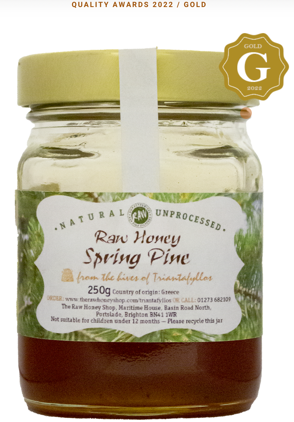 An image of the Gold award winning Spring Pine honey