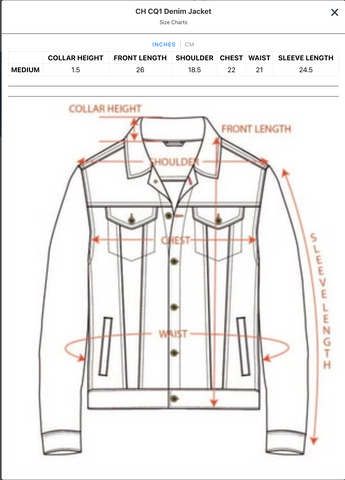 Chrome Hearts CQ1 Denim Jacket Measurements Inches