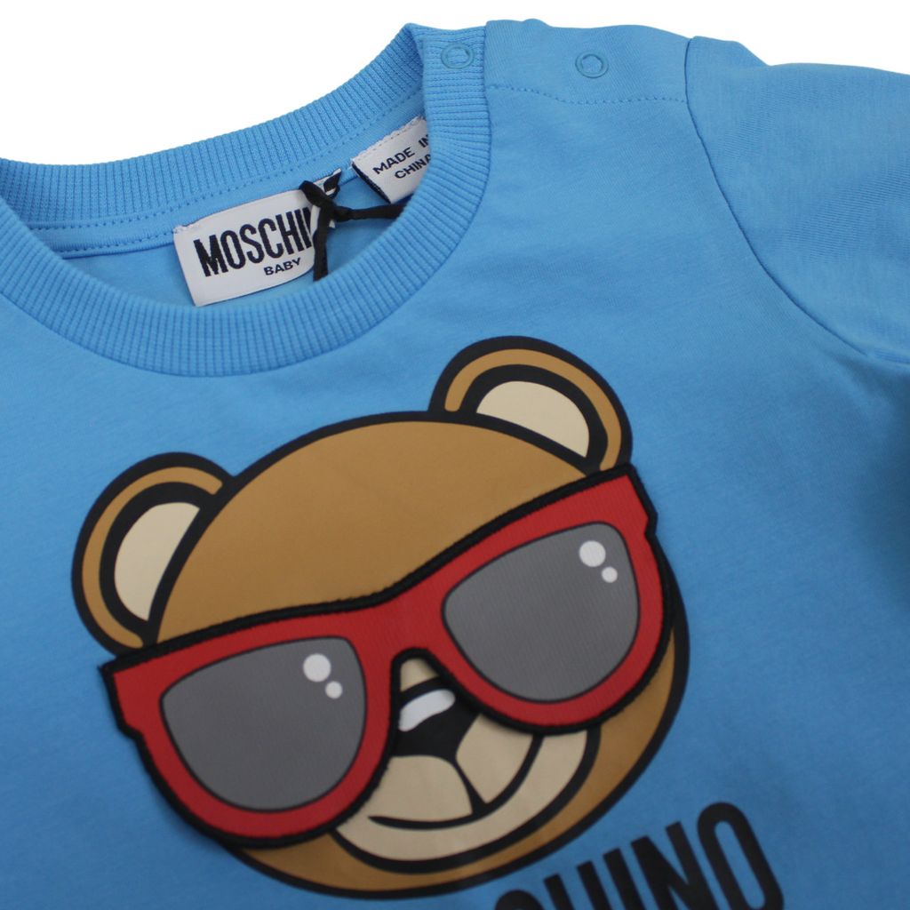 Moschino baby T-shirt in stretch cotton with teddy bear Toy White-Blue