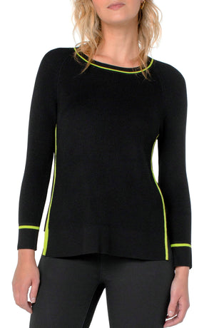Crewneck 3/4 Sleeve Sweater with Pointelle - Jet Black Lime Tipped