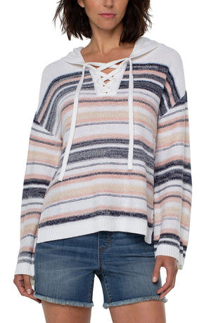 Drop Shoulder Pullover Sweater With Hood - Cream Navy Pink Tan