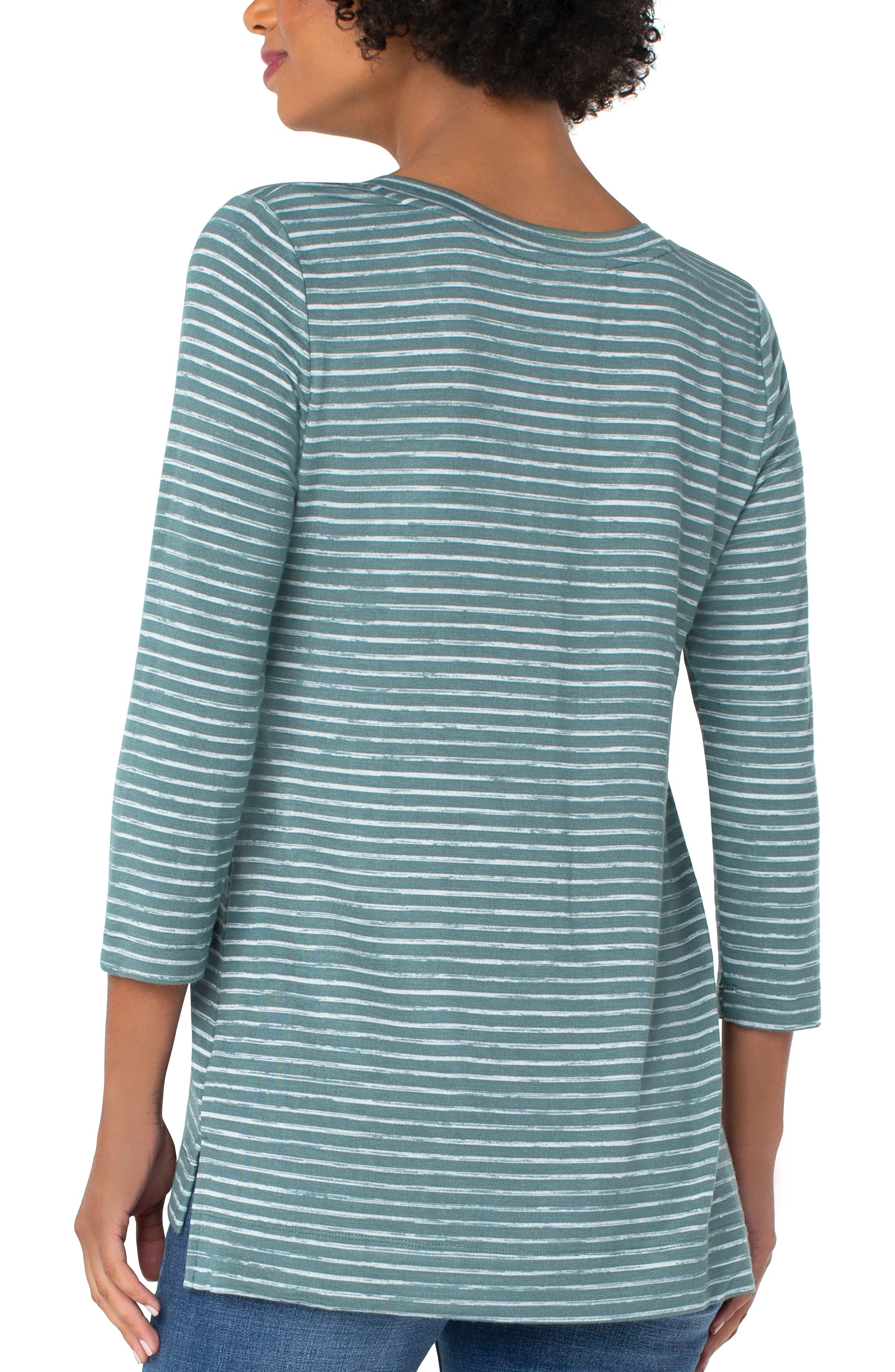 3/4 Sleeve Vneck Knit Top - Shale Green Striped