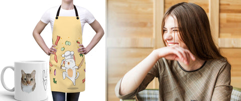 Collage of cat coffe mug, woman in cat apron, and another woman smiling.