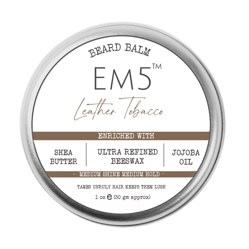 EM5's All Natural Organic Beard Balm | Shape Style and Tame | Medium Hold and Shine with Bees Wax, Shea Butter, Jojoba Oil, Leather Tobacco Essential Oils for Long Lasting Fragrance (Leather Tobacco)