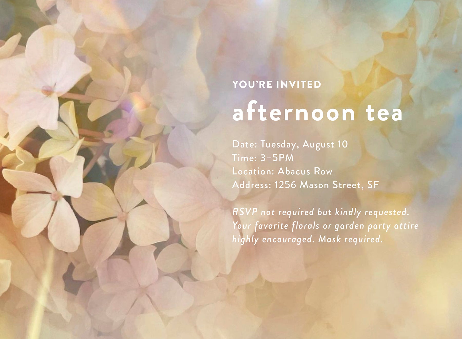 Abacus Row, Collection Launch Afternoon Tea invitation, August 10, 3-5pm