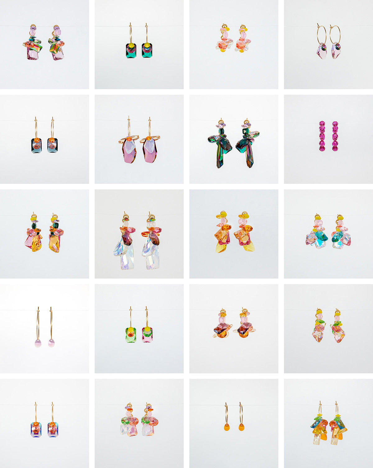 Garden Collection No. 3, front view of 20 different pairs of crystal earrings. 