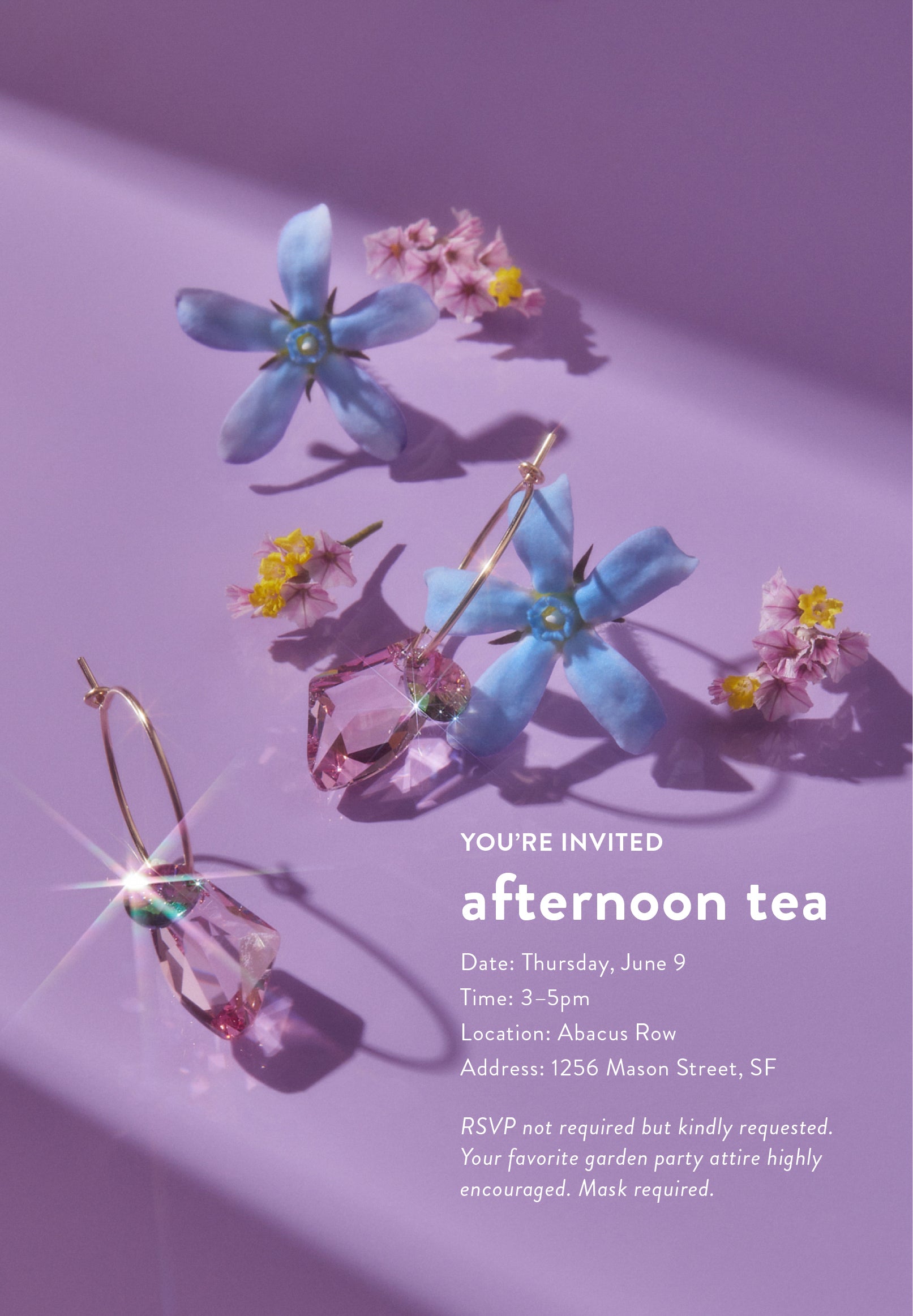 Afternoon Tea Invitation, June 9, 3–5pm. Bellflower earrings styled on purple background. 