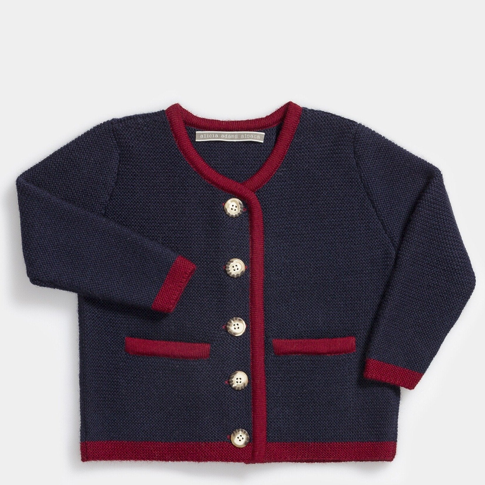 Austrian Cardigan - navy with mulberry red accent trim