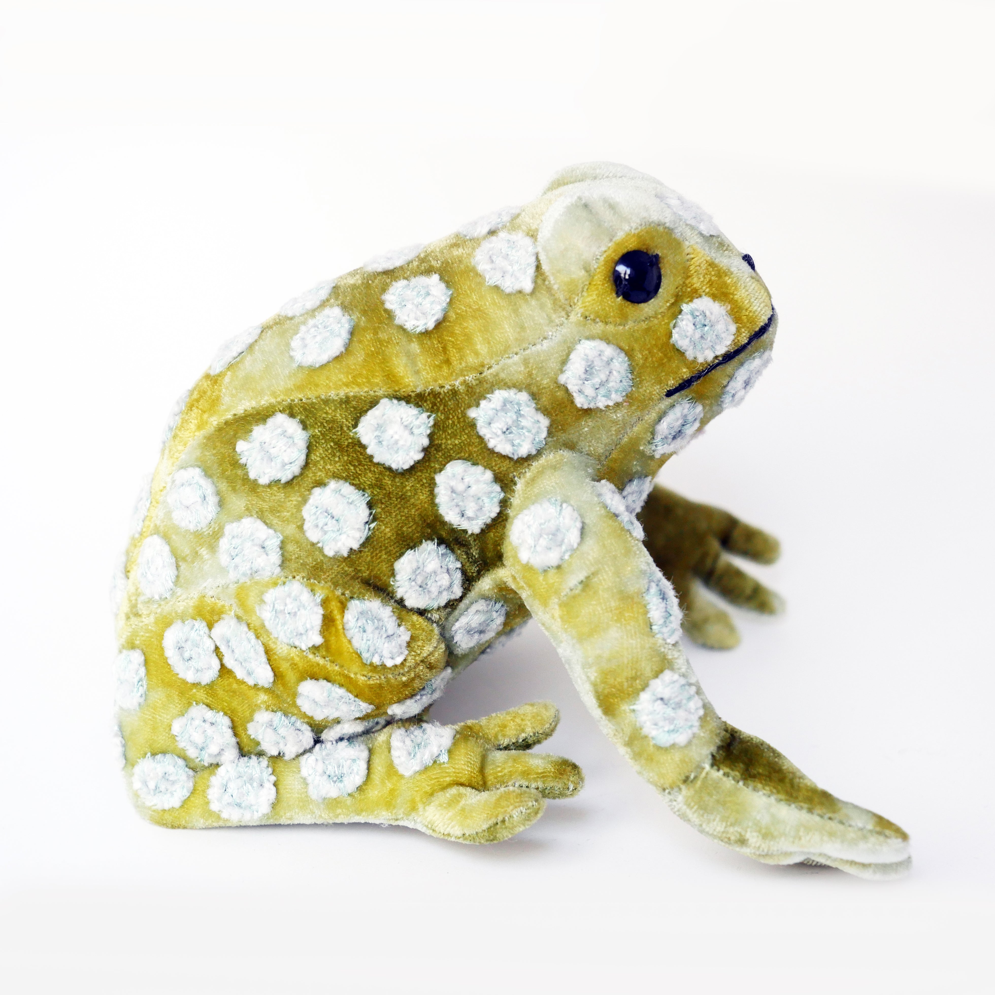 Chartreuse frog with blue flowers