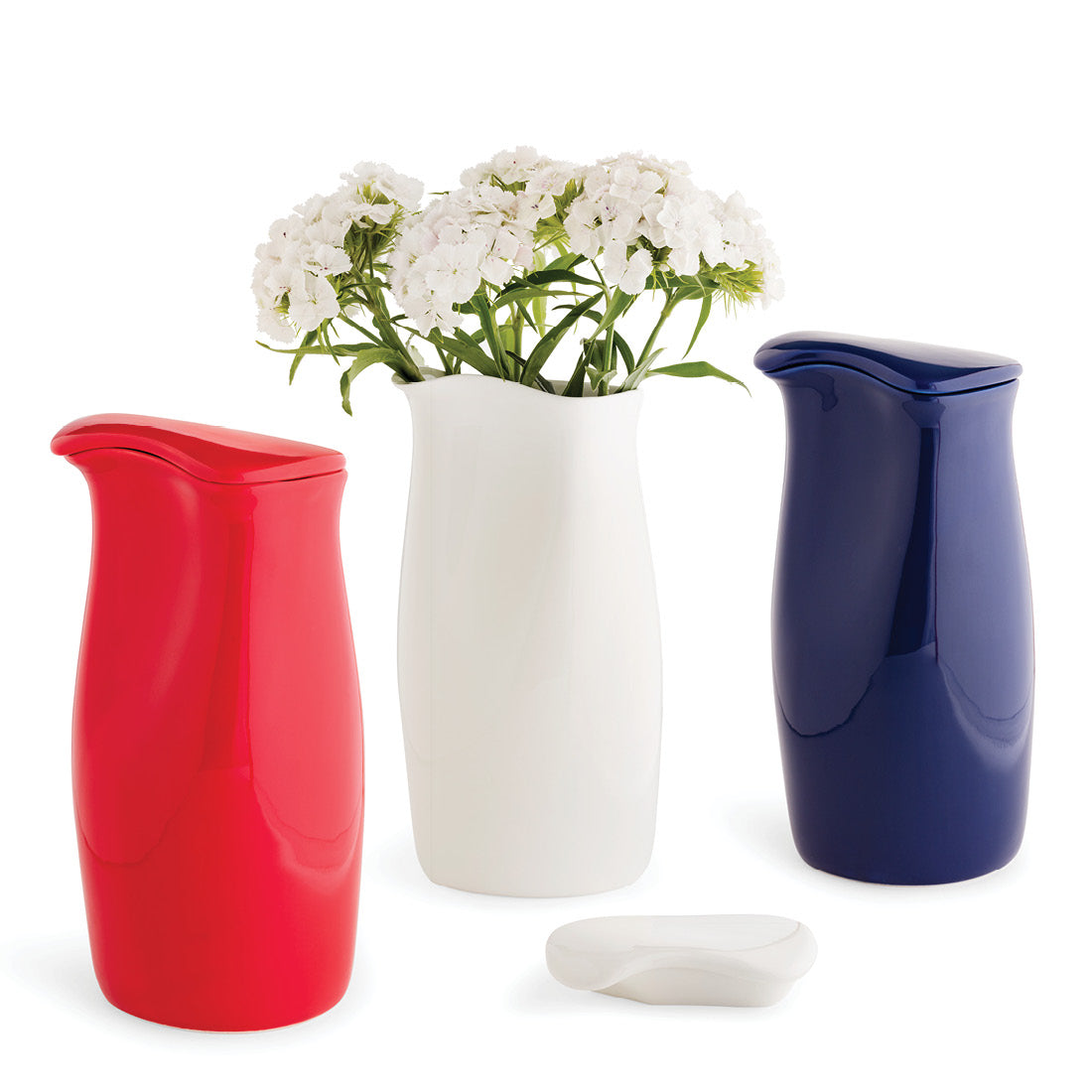 Red, White, and Blue Porcelain Lidded Icebox Pitchers