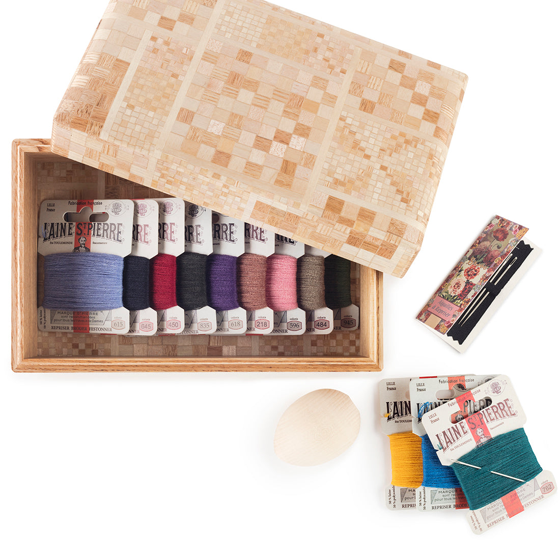 Darning Kit- thread, needles, and wooden egg (shown with Mosaic Box)