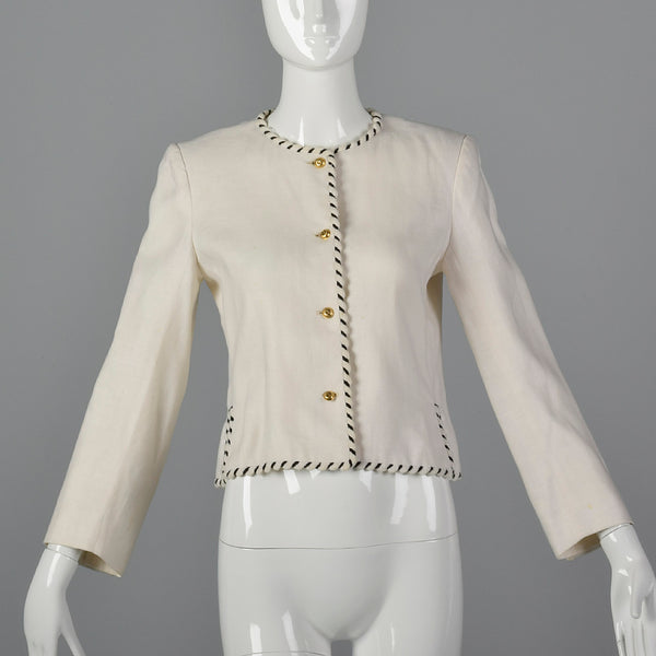 Chanel White Linen Jacket with Gold Logo Buttons and Black & White Tri ...
