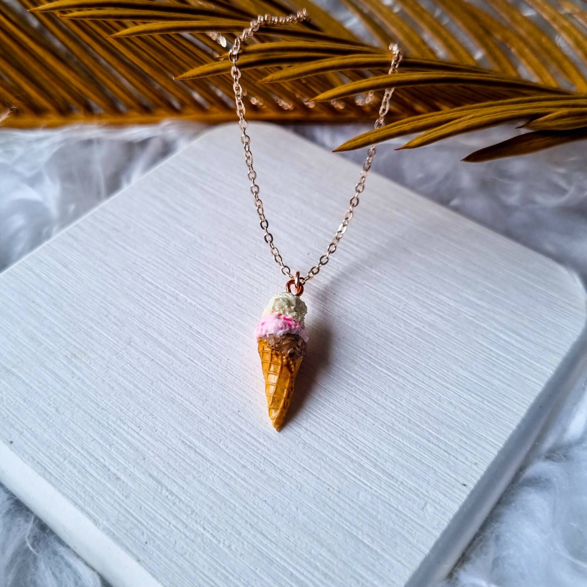 Triple Scoop Ice Cream Cone Pendant and Chain Necklace Necklaces TingCorner Rose Gold 