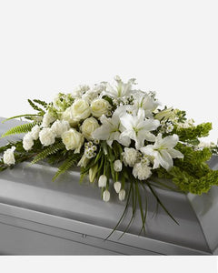 Peach Comfort Half Casket Spray Funeral Arrangement in Elkton, MD - FAIR  HILL FLORIST