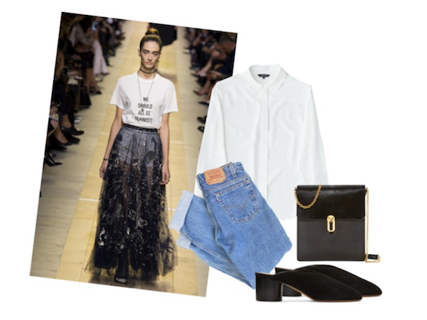 Dior feminist tee styled over silk shirt