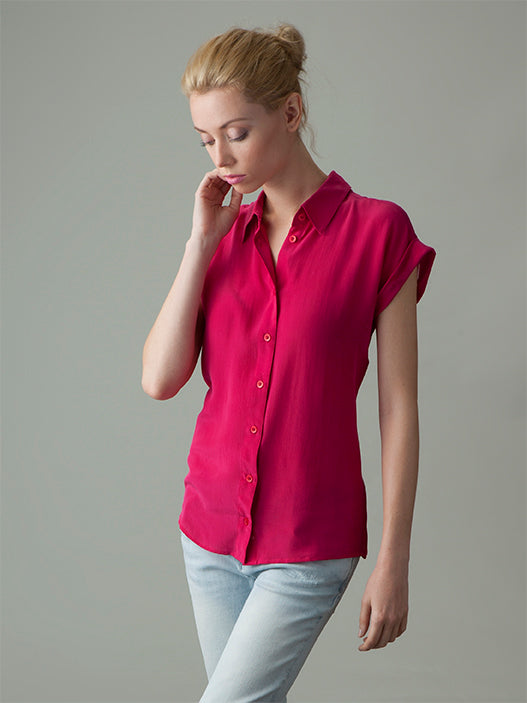hot pink short sleeve blouse
