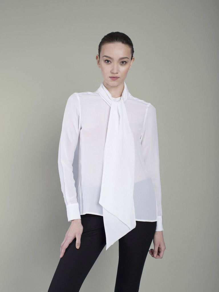 The Cassie pussybow blouse: Pure White | silk shirts by VAUGHAN