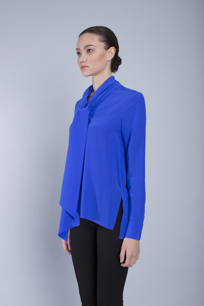 The Cassie pussybow blouse: True Blue | silk shirts by VAUGHAN