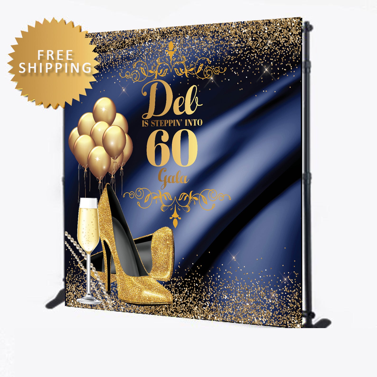 Elegant 60th Birthday Blue and Gold Step and Repeat Backdrop – Dream Design  Group