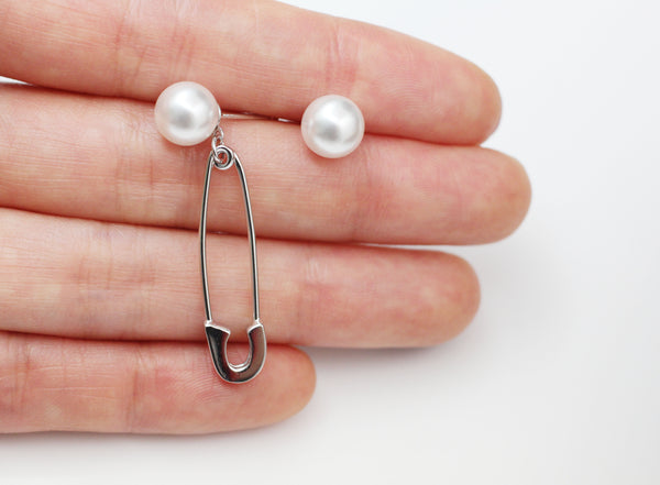 925 Sterling Silver Pearl point Safety Pin Dangle earrings ,Safety Pin