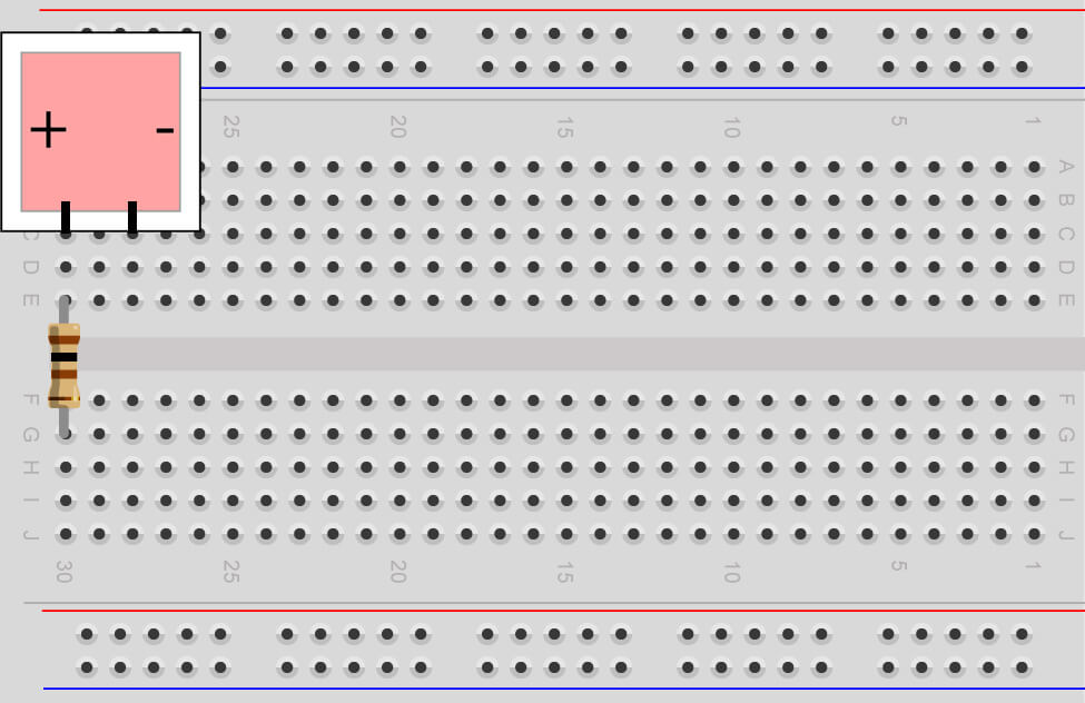 Blocky LED with resistor in breadboard