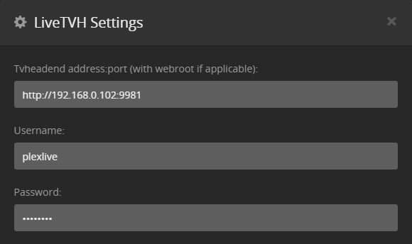 Plex LiveTVH plugin settings