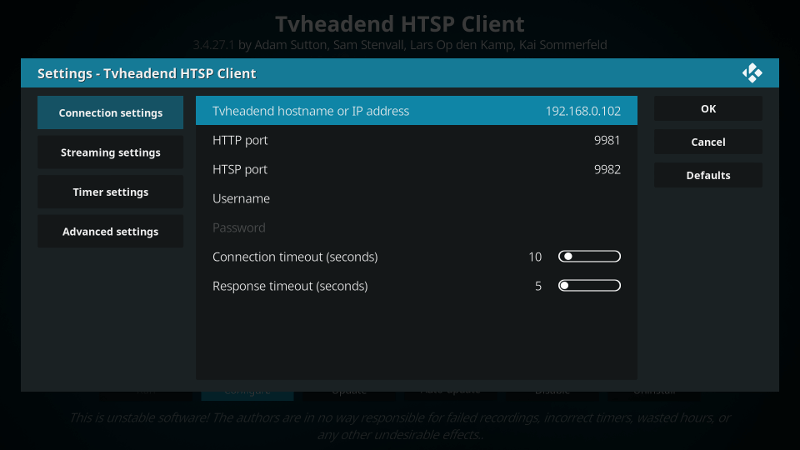 Tvheadend HTSP Configuration