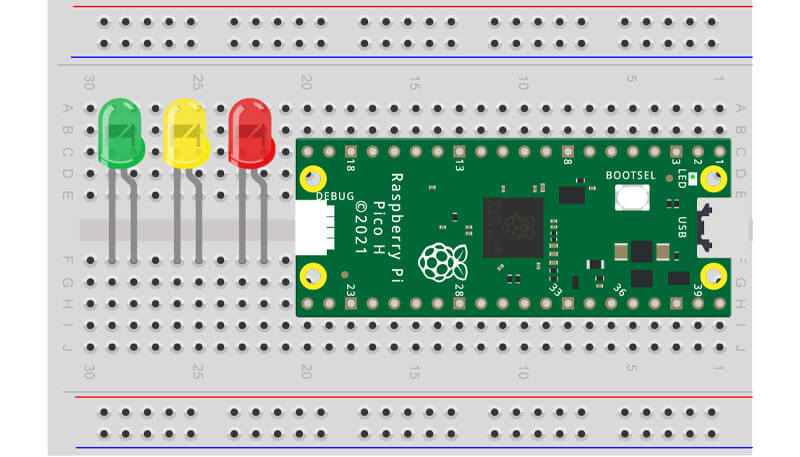 Pico with LEDs in breadboard