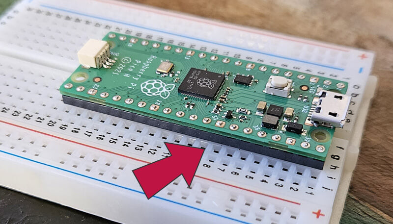 Raspberry Pi Pico fitted to breadboard