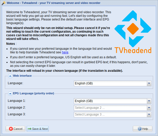 tvheadend wizard language selection