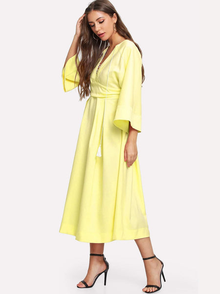 plunging kimono sleeve tassel tie dress