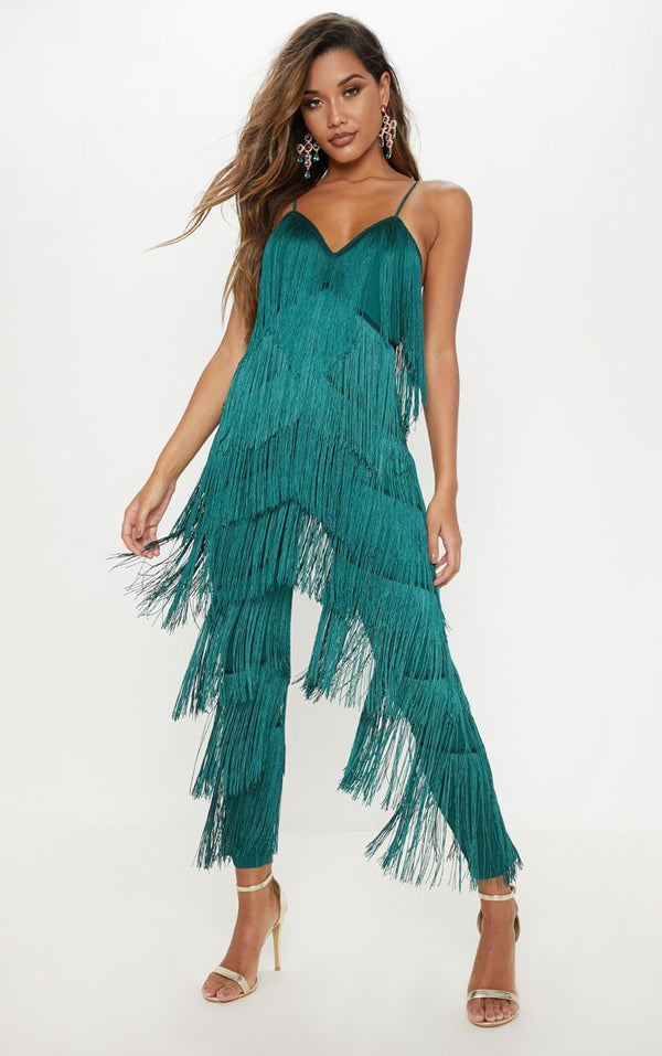 pretty little thing green tassel dress