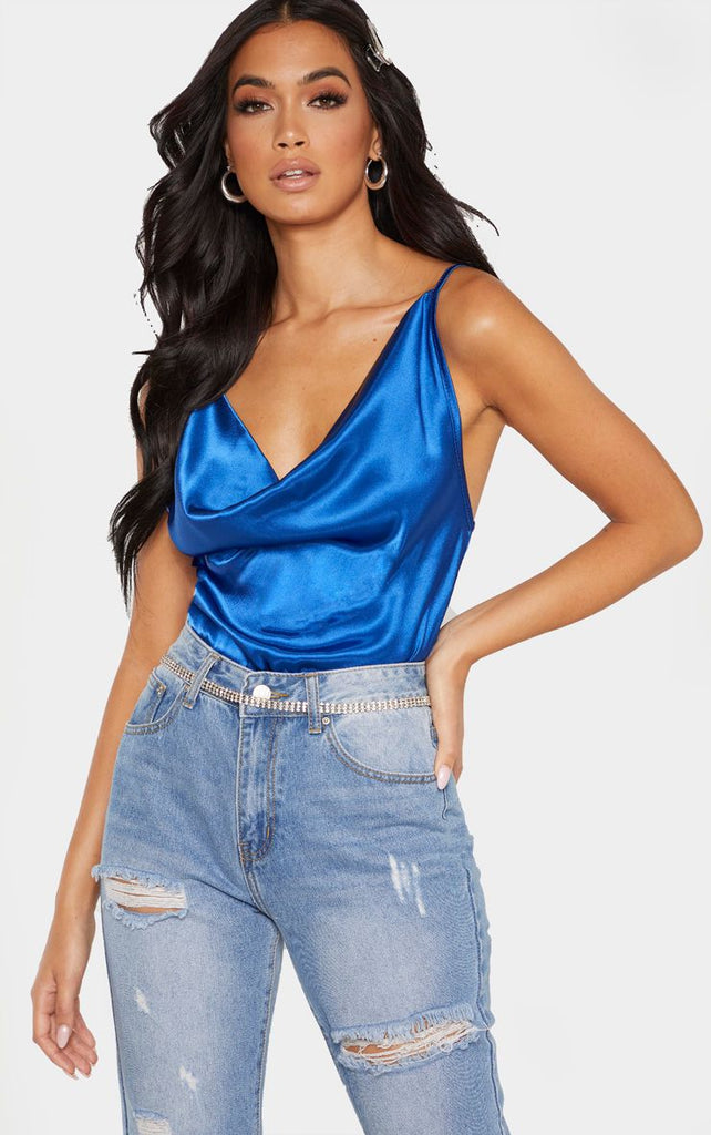 PrettyLittleThing | Royal Blue Satin Crop Cowl Neck Cami