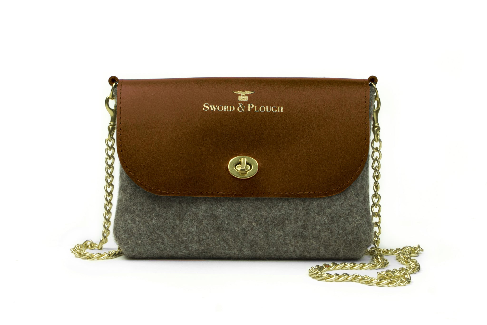 Sword & Plough Grey Wool Crossbody Bag - Brown Leather