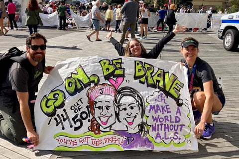 A banner for "Go On, Be Brave", about Andrea Peet, a rider with ALS, completing marathon 44 out of 50.