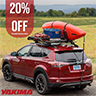 Yakima car rack on top of red car holding equipment with yakima sale promotion surrounding the car