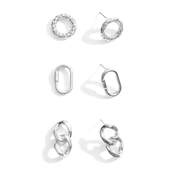 Set of 3 Silver Stud Earrings - Carabiner, Chain Link, Circles