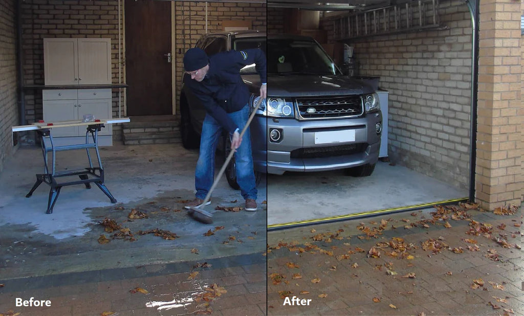 Before and after of a dirty garage and a clean garage with a garage door seal installed
