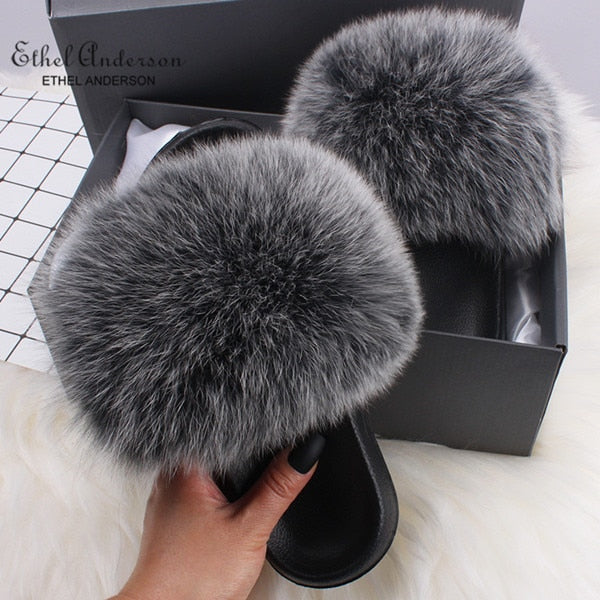 Ethel Anderson Fluffy Slippers Real FOX 