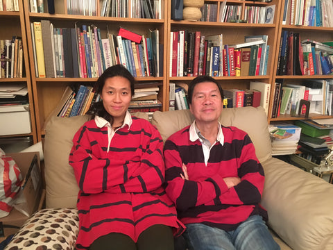 Yvonne + Dad accidental matching rugby shirts at home