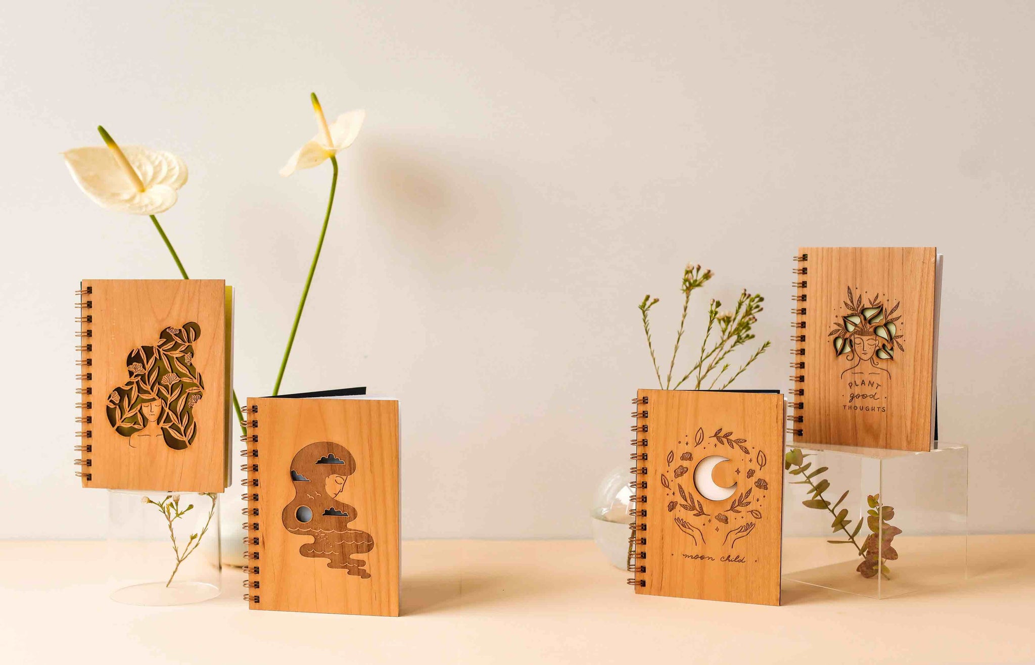 plant good thoughts collection of wooden laser-cut journals with botanical & nature designs
