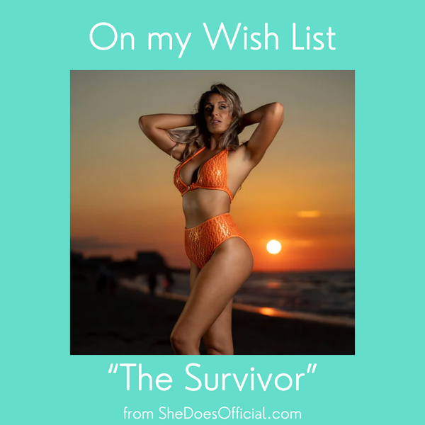 The Survivor, a brilliant, orange two-piece swimsuit with a clasp made of survival gear!