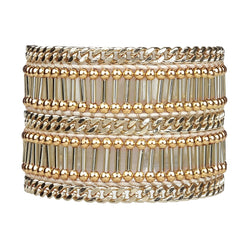 Chartres Cuff. Chunky Cuff bracelet made of multiple layers of gold chains, beads, and vertical beads.