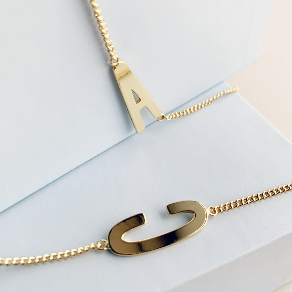 Gold Initial Necklace and Bracelet