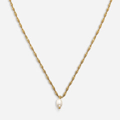 Natasha necklace. Gold rope chain with small oval shaped pearl pendant
