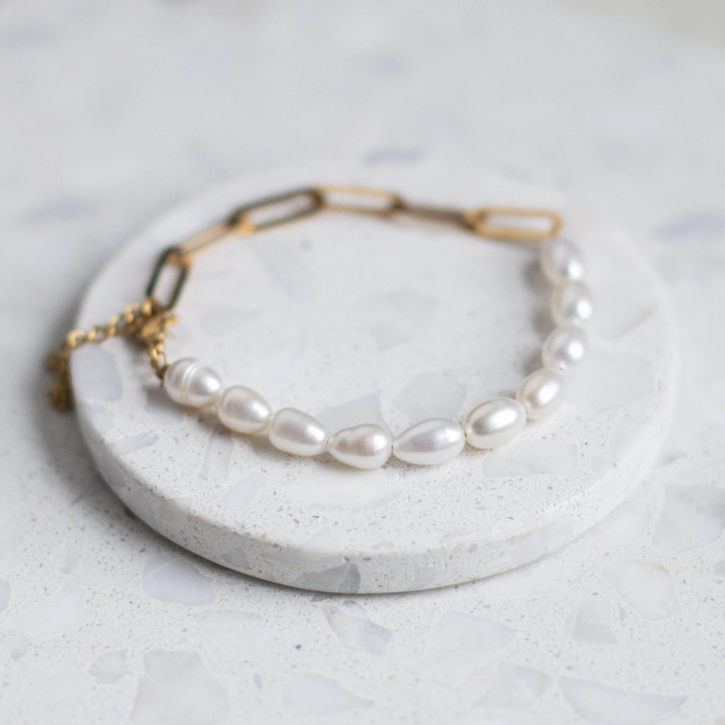 Gold Paperclip Chain Bracelet with Pearls