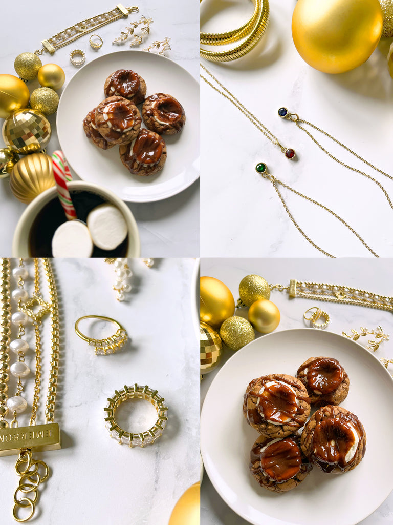 collage of 4 images featuring chocolate cookies with baked marshmallow and chocolate drizzle with gold jewelry