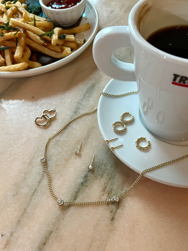 Heart Struck Necklace, Heart Hoops, Emily Hoops, Birthstone studs, and mallory studs